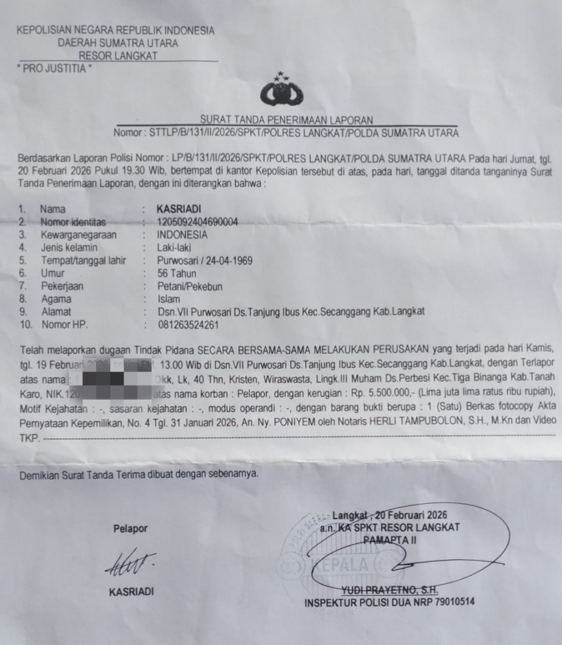 Dokumentasi Foto Pelaporan Kasriadi di SPKT Polres Langkat 